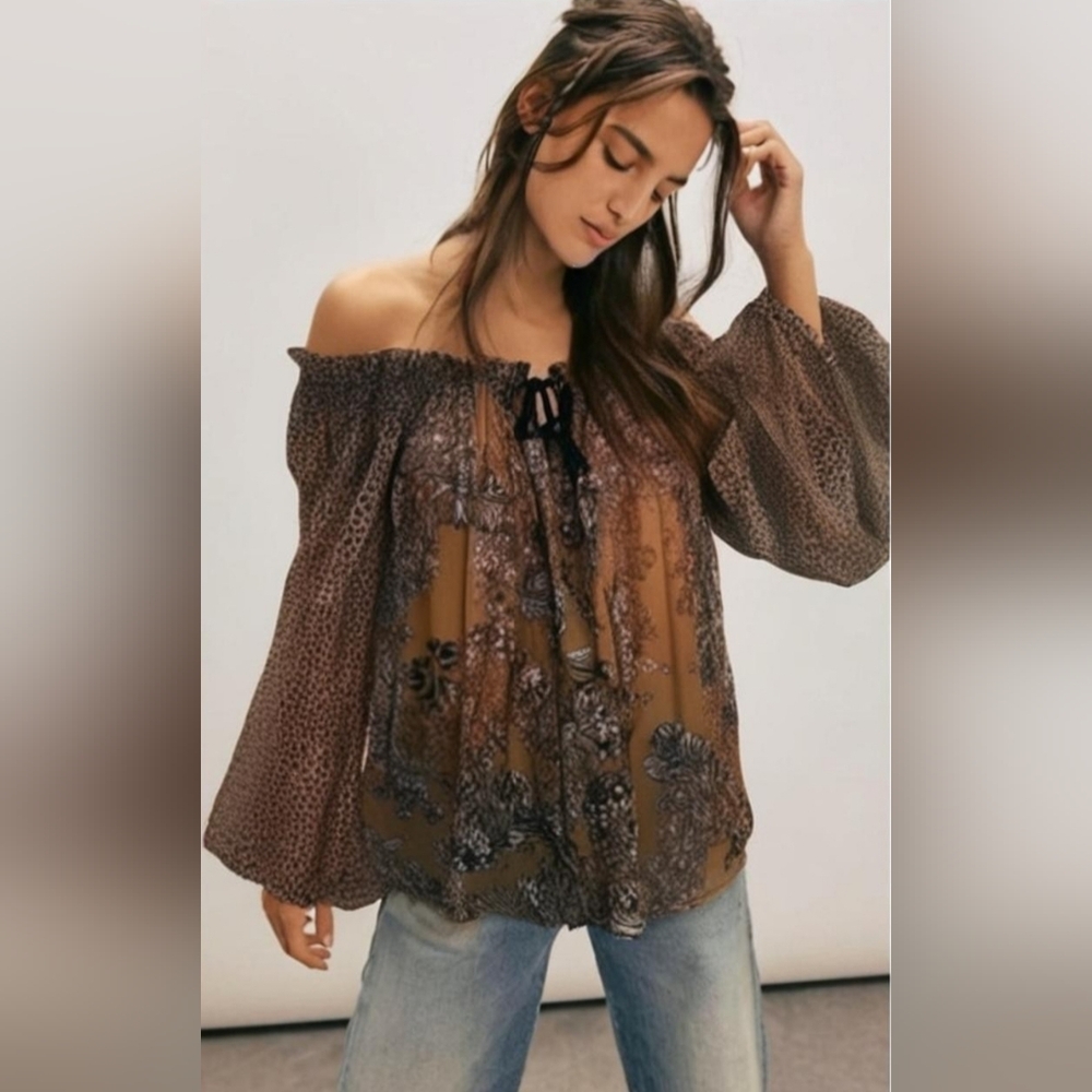 Free People Hendrix Brown Floral Boho Off-Shoulder Top